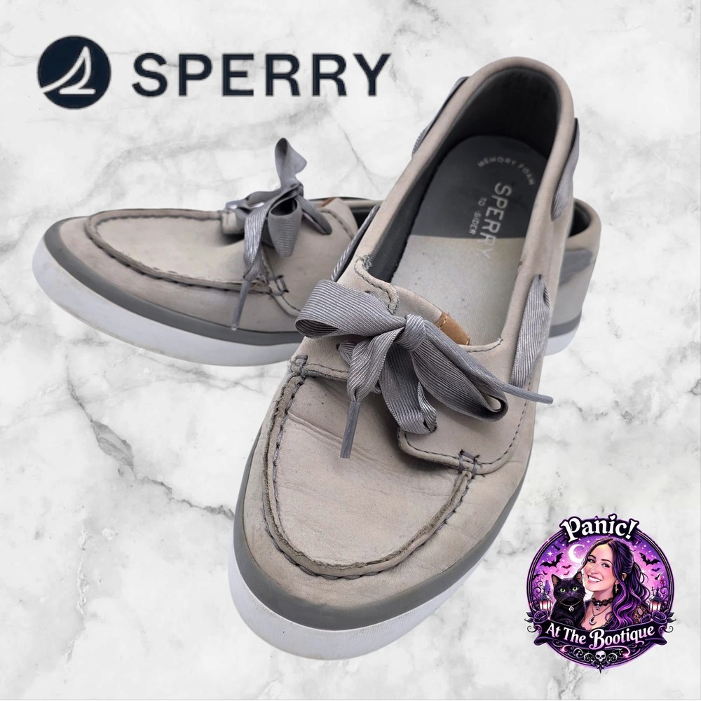 Sperry Boat Shoes Womens 8 Grey Leather Ribbon Lace Loafers Nautical Preppy